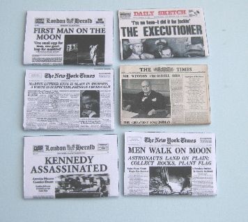 SIX HAND-MADE DOLLS' HOUSE 1/12TH SCALE 1960'S NEWSPAPERS 